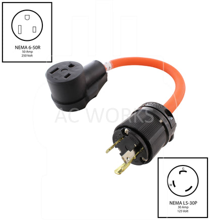 NEMA L5-30P to NEMA 6-50R, L530 male plug to 650 female connector, 3-prong lockig 30 amp generator plug to 50 amp 3-prong welder connector