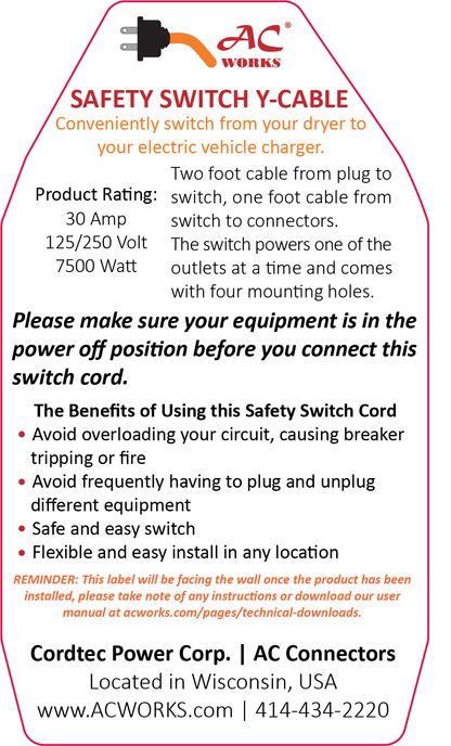 AC WORKS® [EVY1030SW-036] Safety Switch Y-Cable 30A 3-Prong Dryer Plug to (2) 3-Prong Dryer Connectors