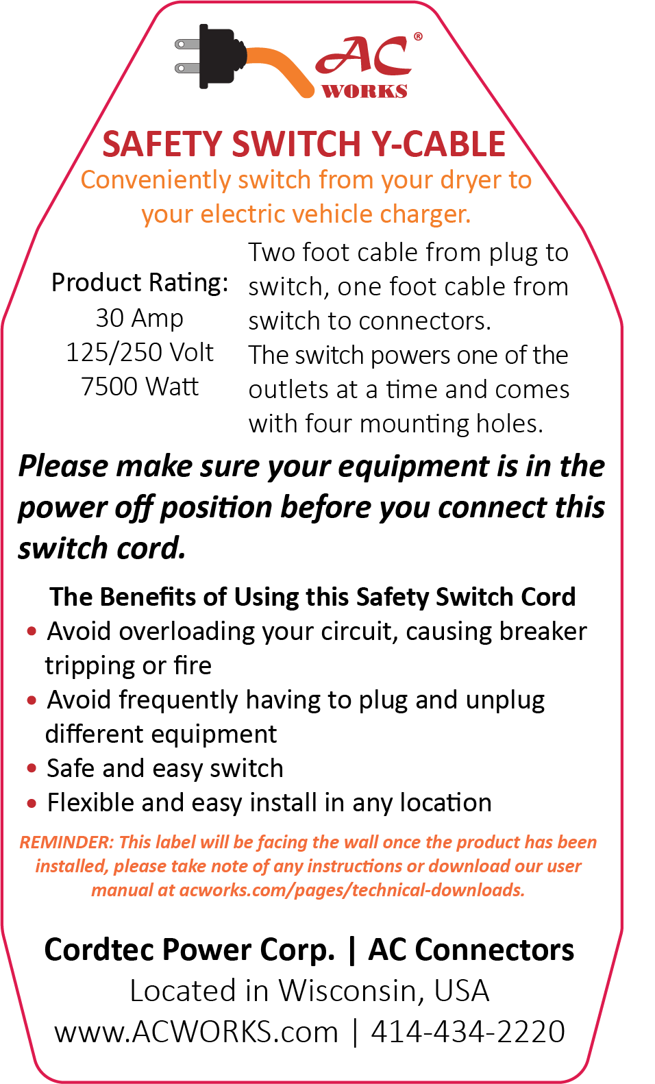 AC WORKS® [EVY1030SW-036] Safety Switch Y-Cable 30A 3-Prong Dryer Plug to (2) 3-Prong Dryer Connectors